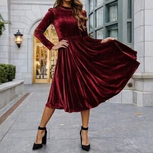 Ivy City La La Lady Long Sleeve Deep Burgandy Velvet Midi Dress Size L $118 MSRP